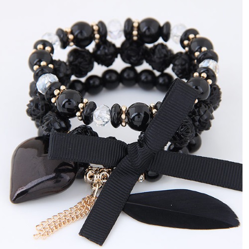 C110414128 Black Elastic Heart Charms Rose Feather Bracelet - Click Image to Close