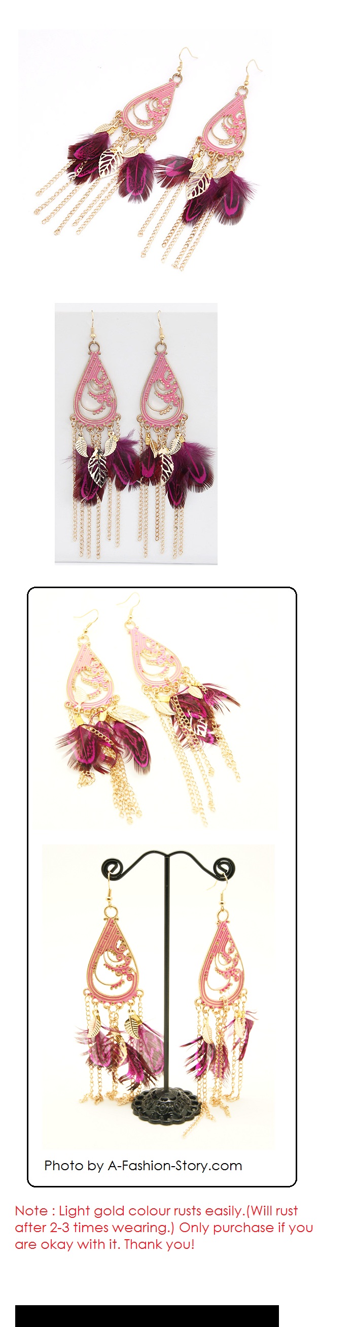 C08111239 Pink feather dangling light gold korean earrings shop